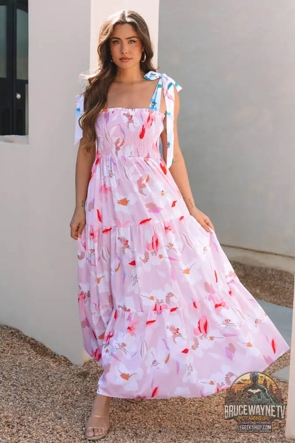 Robe longue smockée rose à imprimé floral et épaules nouées - Pink / S / 100% Polyester - Dresses/Floral Dresses