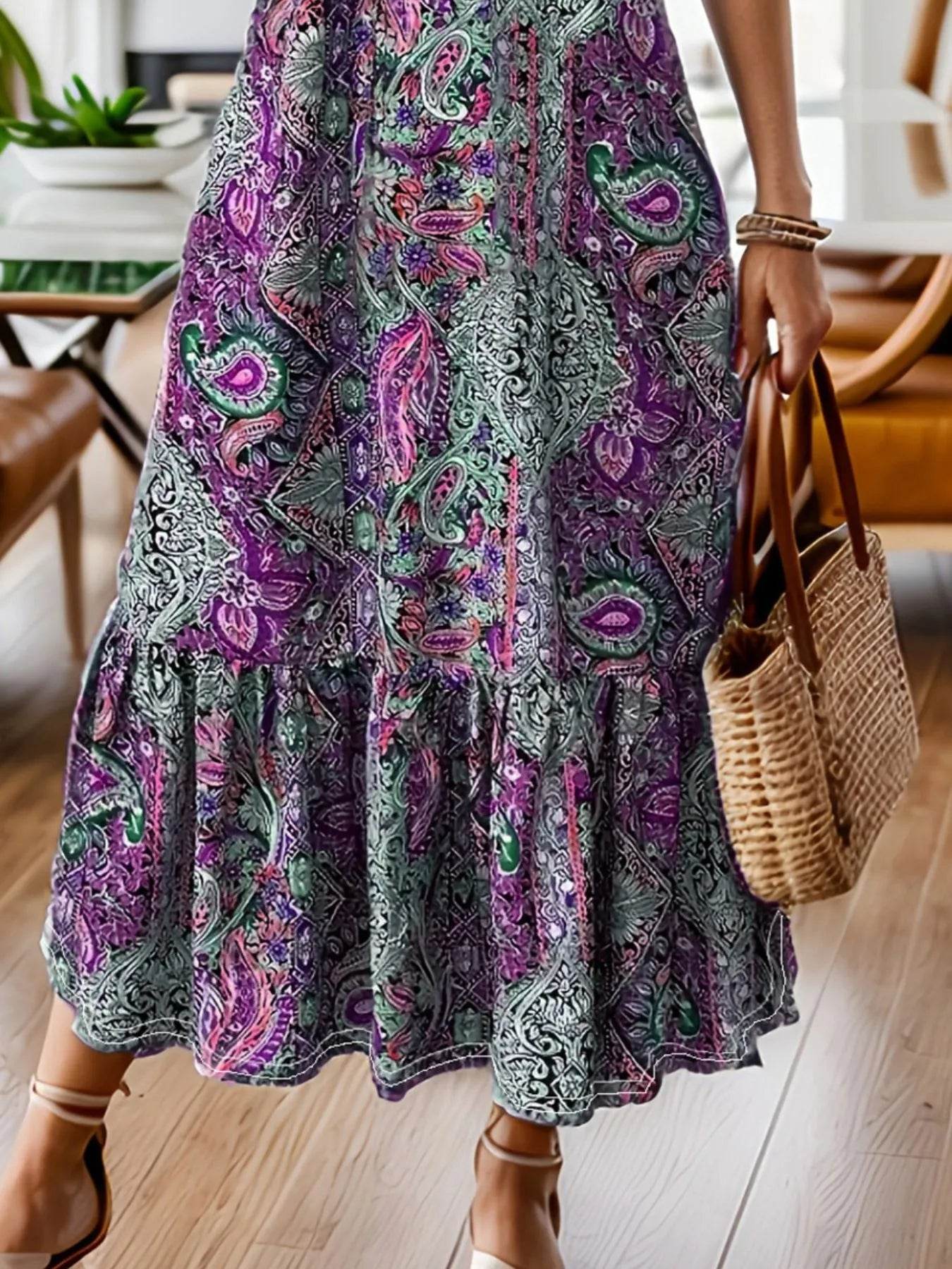 Robe Midi Plus Size en Imprimé Paisley Boho avec Volants, élégante et confortable, parfaite pour les sorties estivales