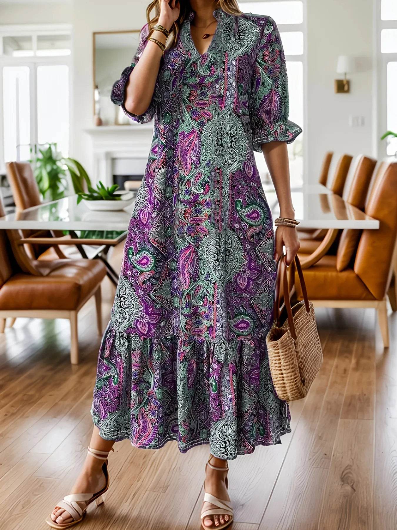 Robe Midi Plus Size en Imprimé Paisley Boho avec Volants, élégante et confortable, idéale pour les occasions décontractées