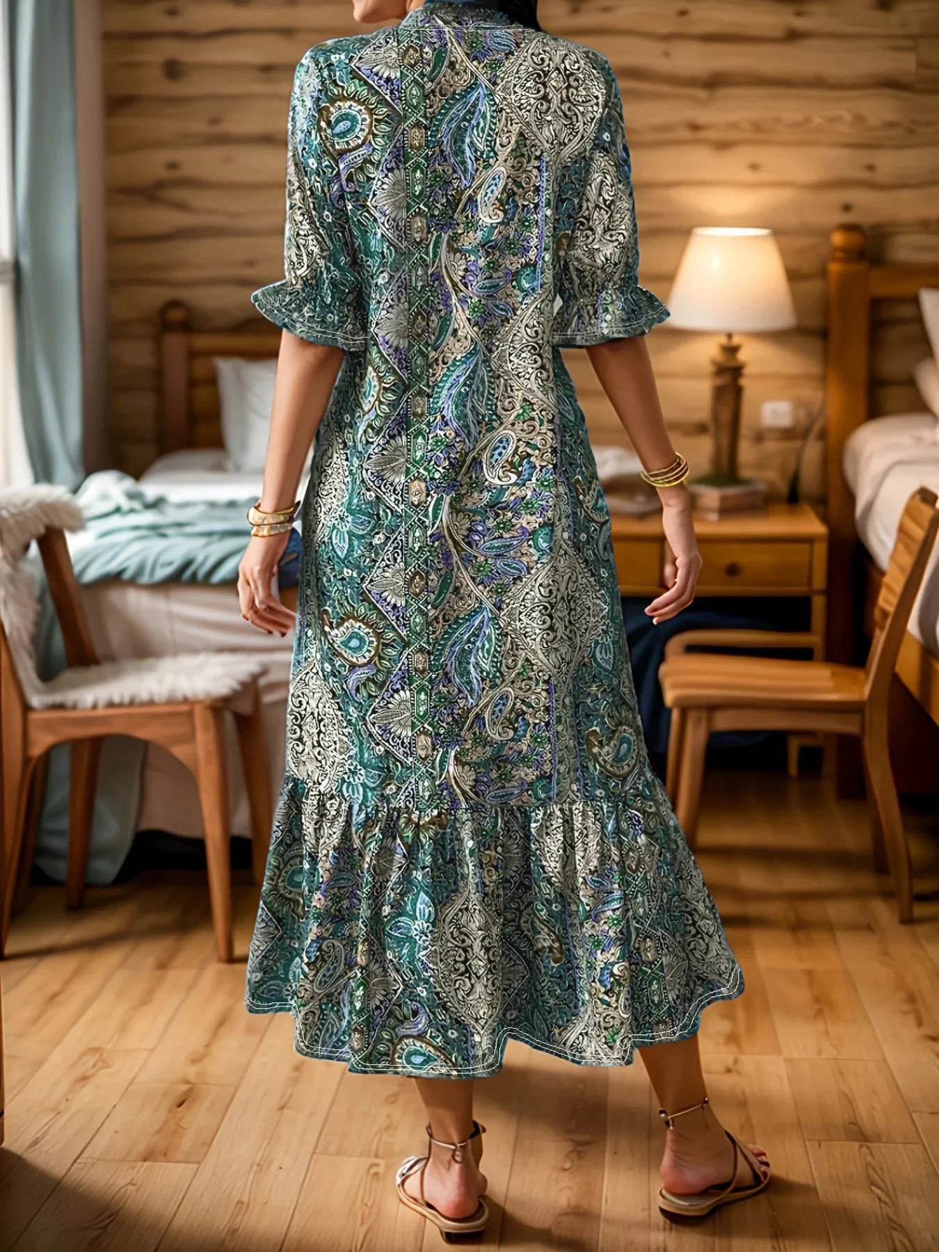 Robe Midi Plus Size en Imprimé Paisley Boho avec Volants, idéale pour les occasions estivales