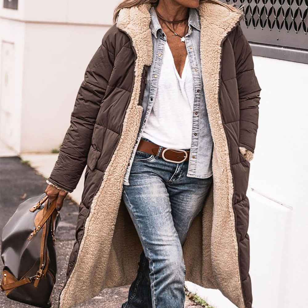 Manteau Long Capuche Hiver Réversible Élégant Femme