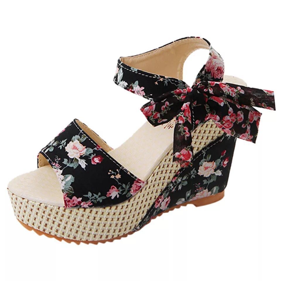Sandales Femme Compensées Fashion Fleurs Bout Ouvert Légères