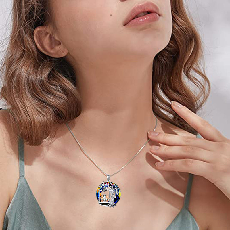 Collier Pendentif Arbre Vie Trois Sœurs Cristaux Colorés