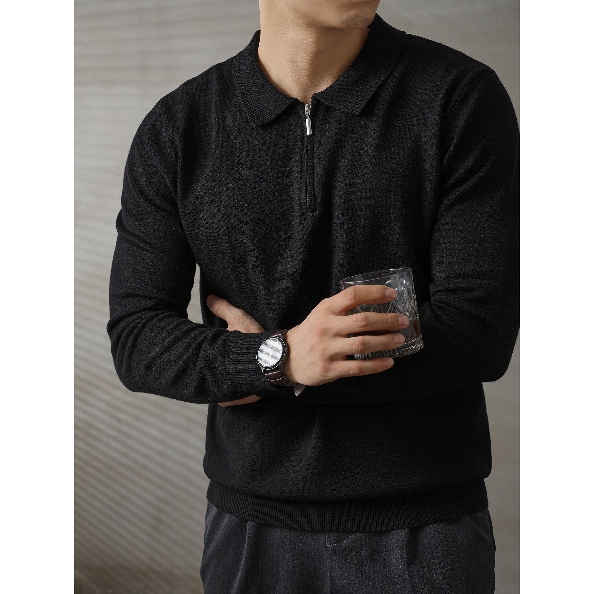 Pull Polo Homme Tricoté Zip Mi-Hauteur Loose