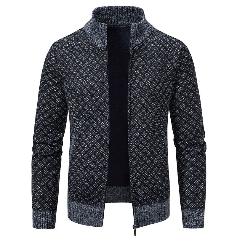 Cardigan Homme Carreaux Épais Zip Col Montant Hiver