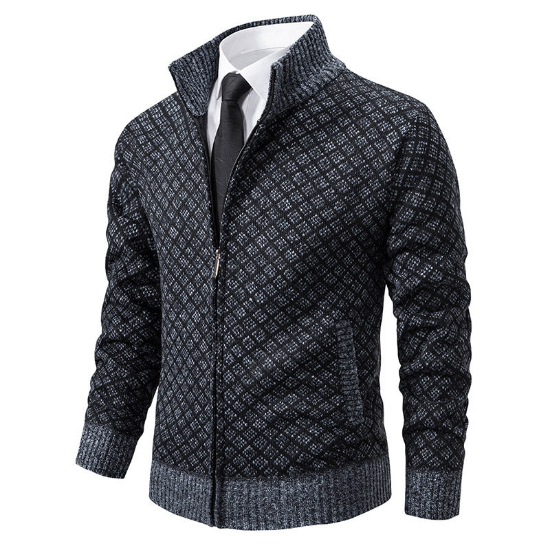 Cardigan Homme Carreaux Épais Zip Col Montant Hiver