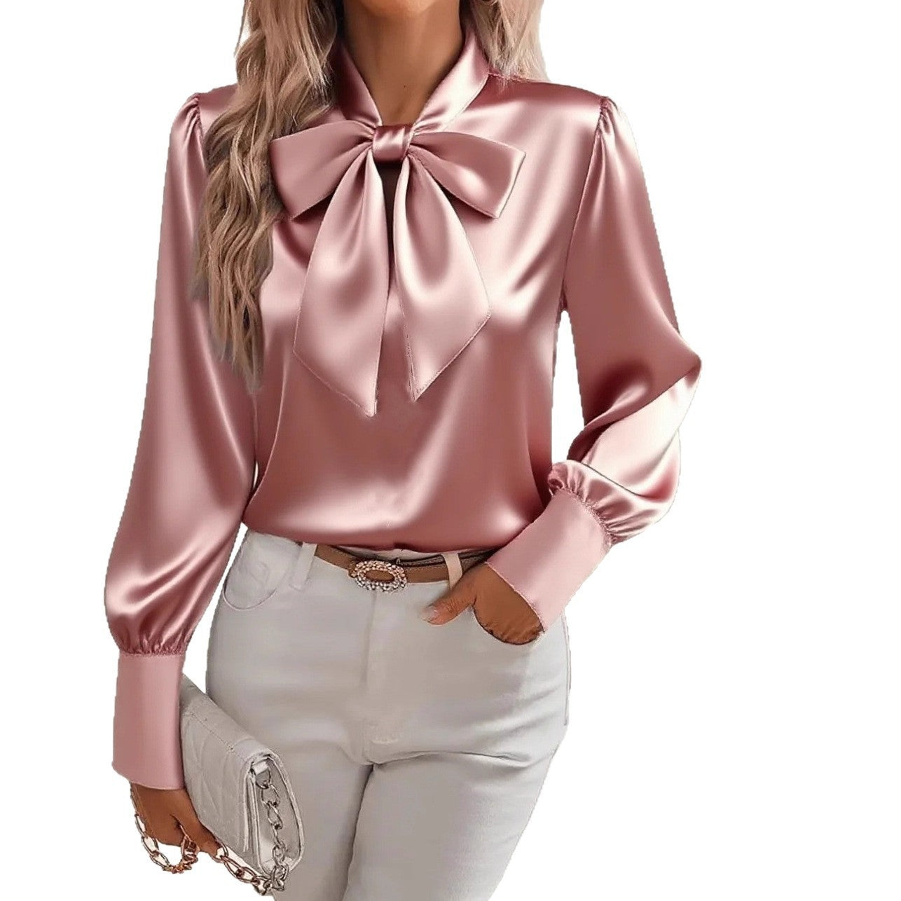 🎀 Chemise Satin Nœud Femme - Couleur Unie Casual Polyvalente 🎀