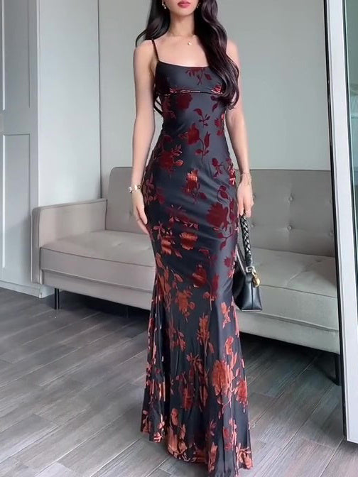 Robe Maxi Floquée Bretelles Sexy Slim Fit