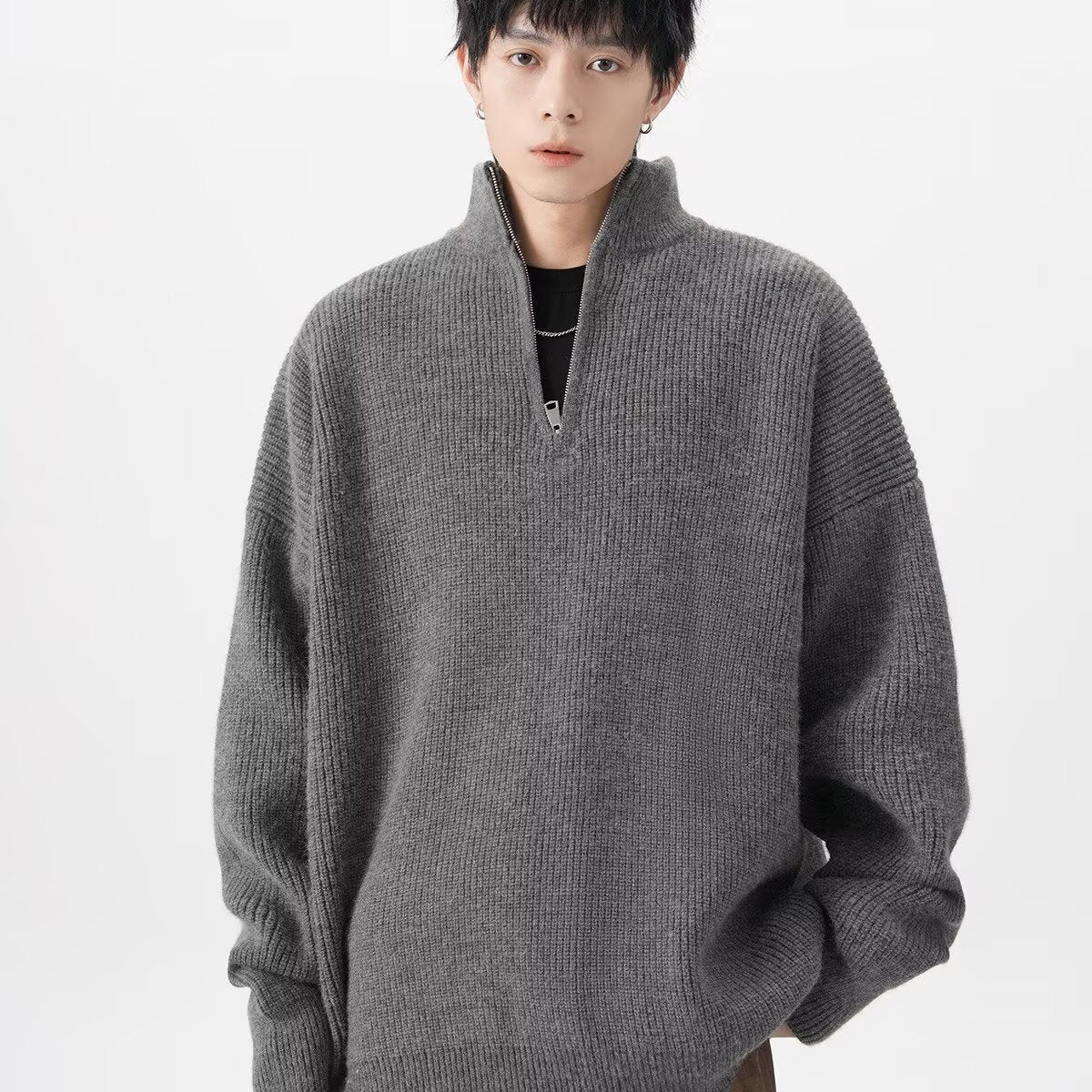 Pull Homme Demi-Zip Destroyed Loose Style Américain