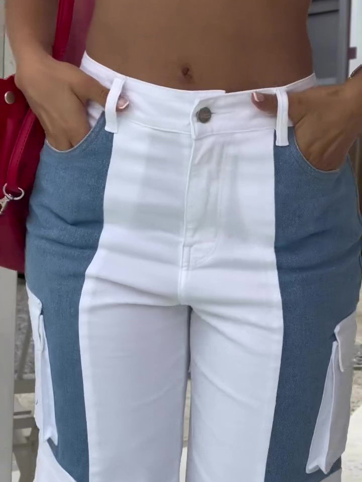 Jean Cargo Poches Contrastées Patchwork Élégant