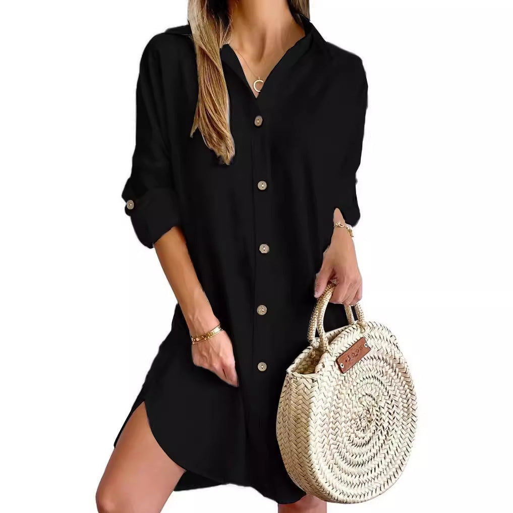 Robe Chemise Automne Manches Longues Col Boutons Casual