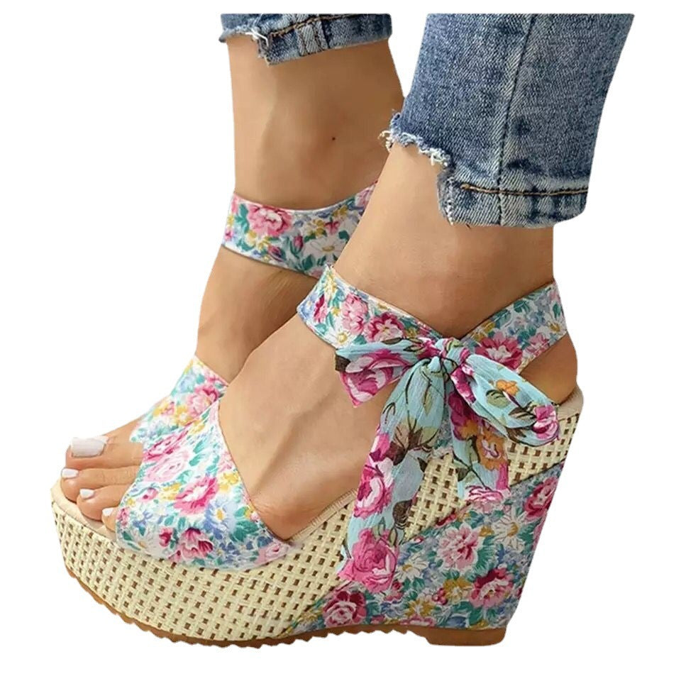Sandales Femme Compensées Fashion Fleurs Bout Ouvert Légères