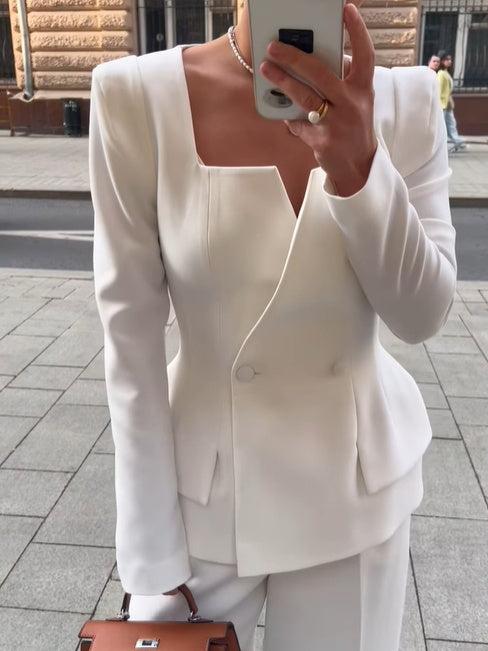 Blazer Femme Deux Boutons Col Carré Couleur Unie