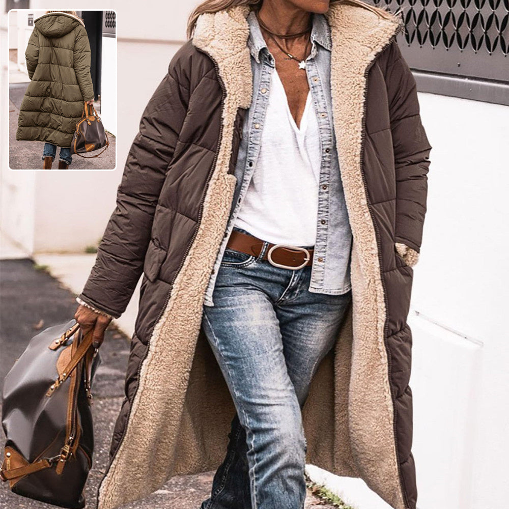 Manteau Long Capuche Hiver Réversible Élégant Femme