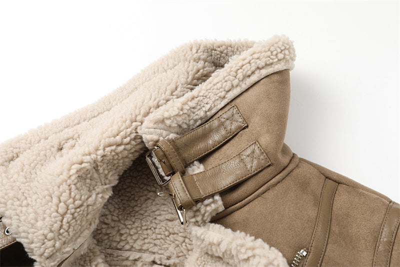 Veste Femme Laine Agneau Courte Motard Hiver Chaude