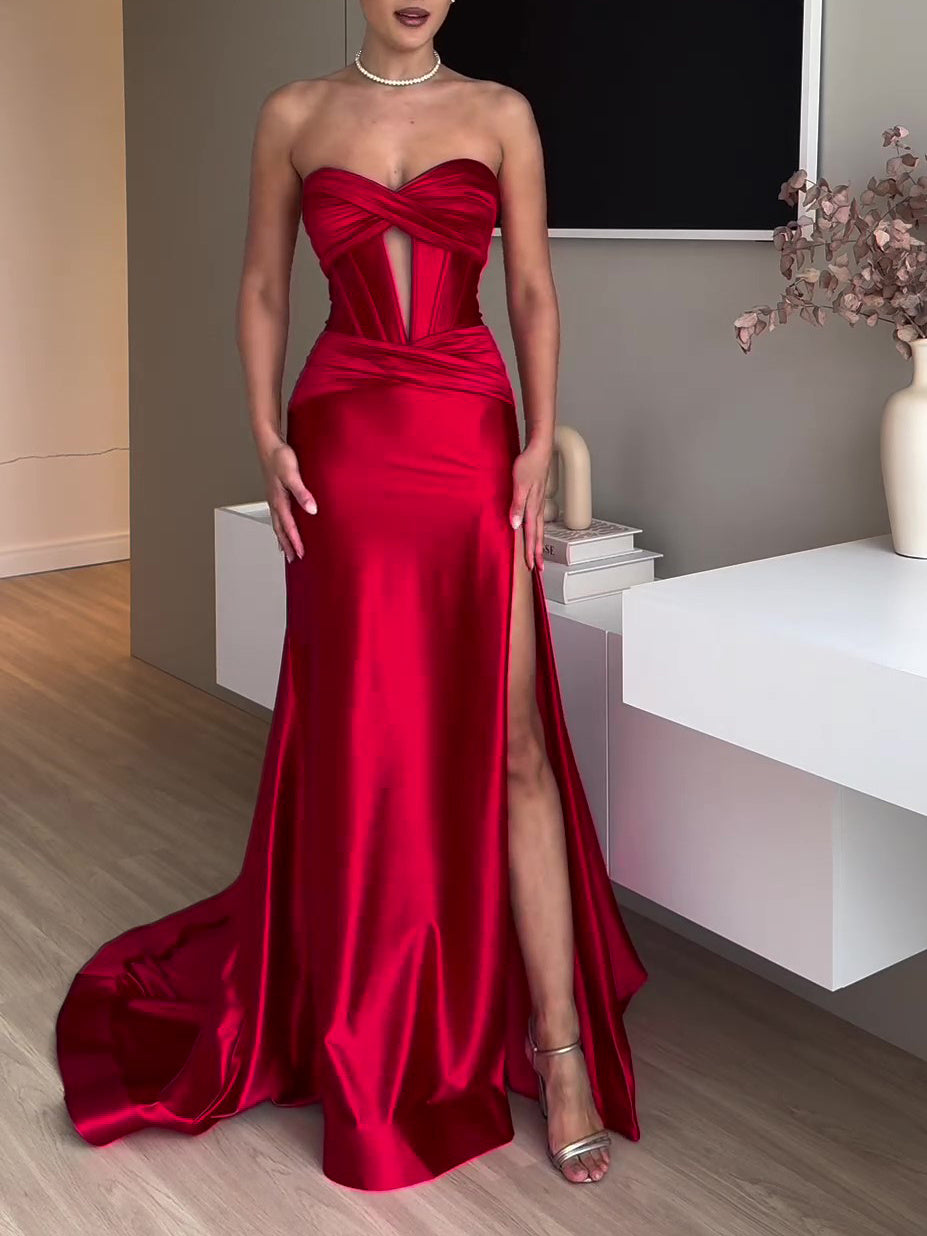 Robe Soirée Longue Rouge Bustier Fendue Élégante