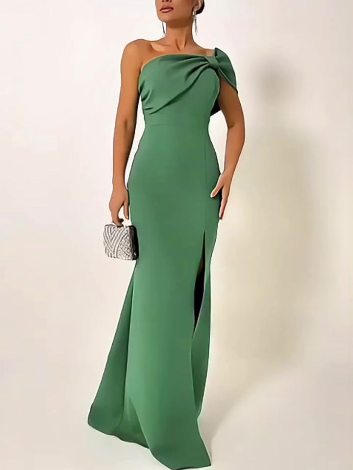 Robe Soirée Longue Verte Bustier Nœud Élégante Slim