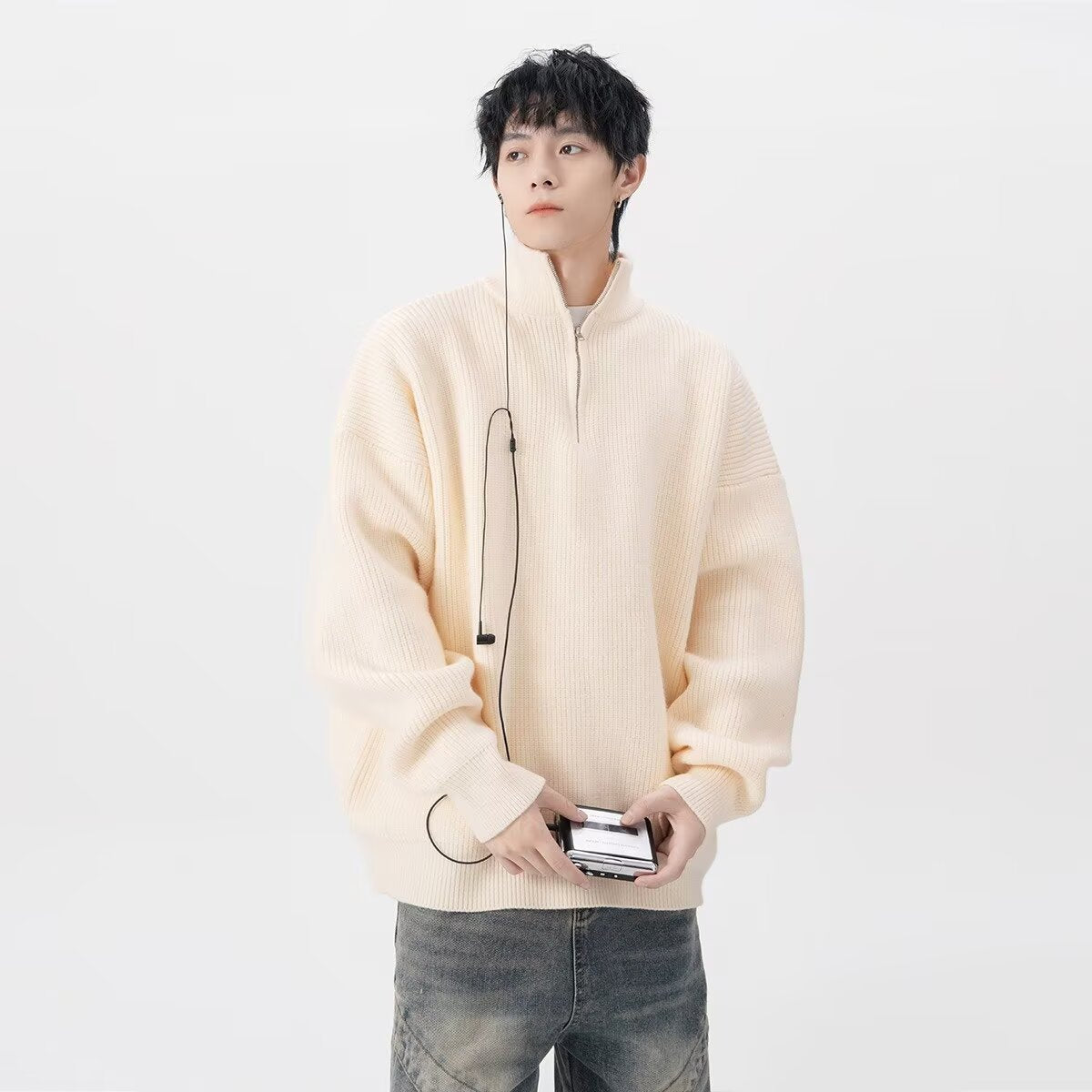 Pull Homme Demi-Zip Destroyed Loose Style Américain