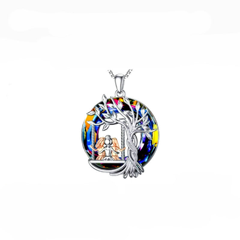 Collier Pendentif Arbre Vie Trois Sœurs Cristaux Colorés