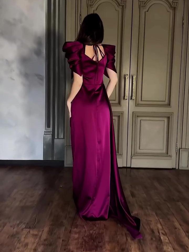 Robe Soirée Longue Manches Bouffantes Plissée Fendue