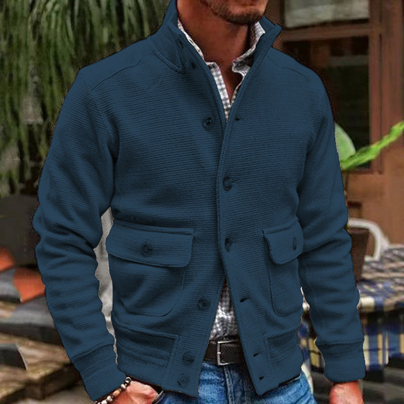 Veste Homme Col Montant Tricot Couleur Unie Décontractée Polyester