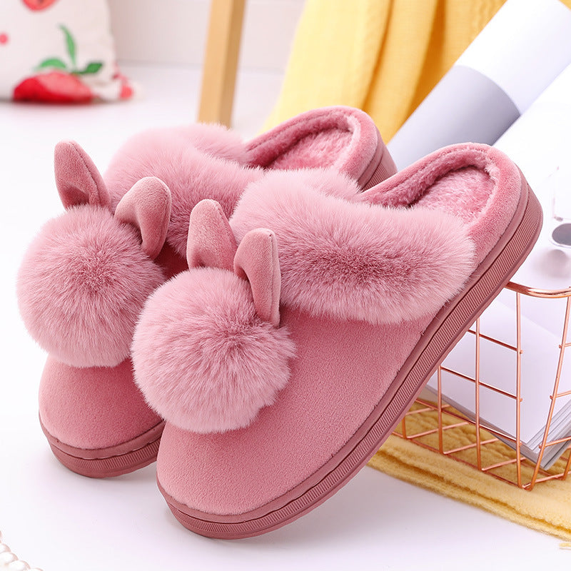 Chaussons Maison Oreilles Lapin Pompons Peluche Coton