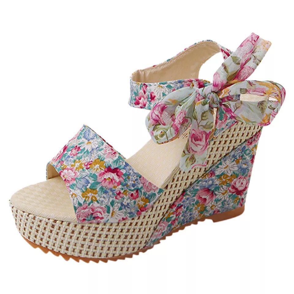 Sandales Femme Compensées Fashion Fleurs Bout Ouvert Légères