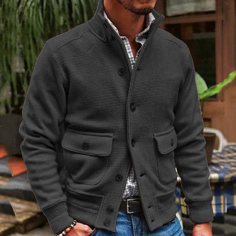 Veste Homme Col Montant Tricot Couleur Unie Décontractée Polyester