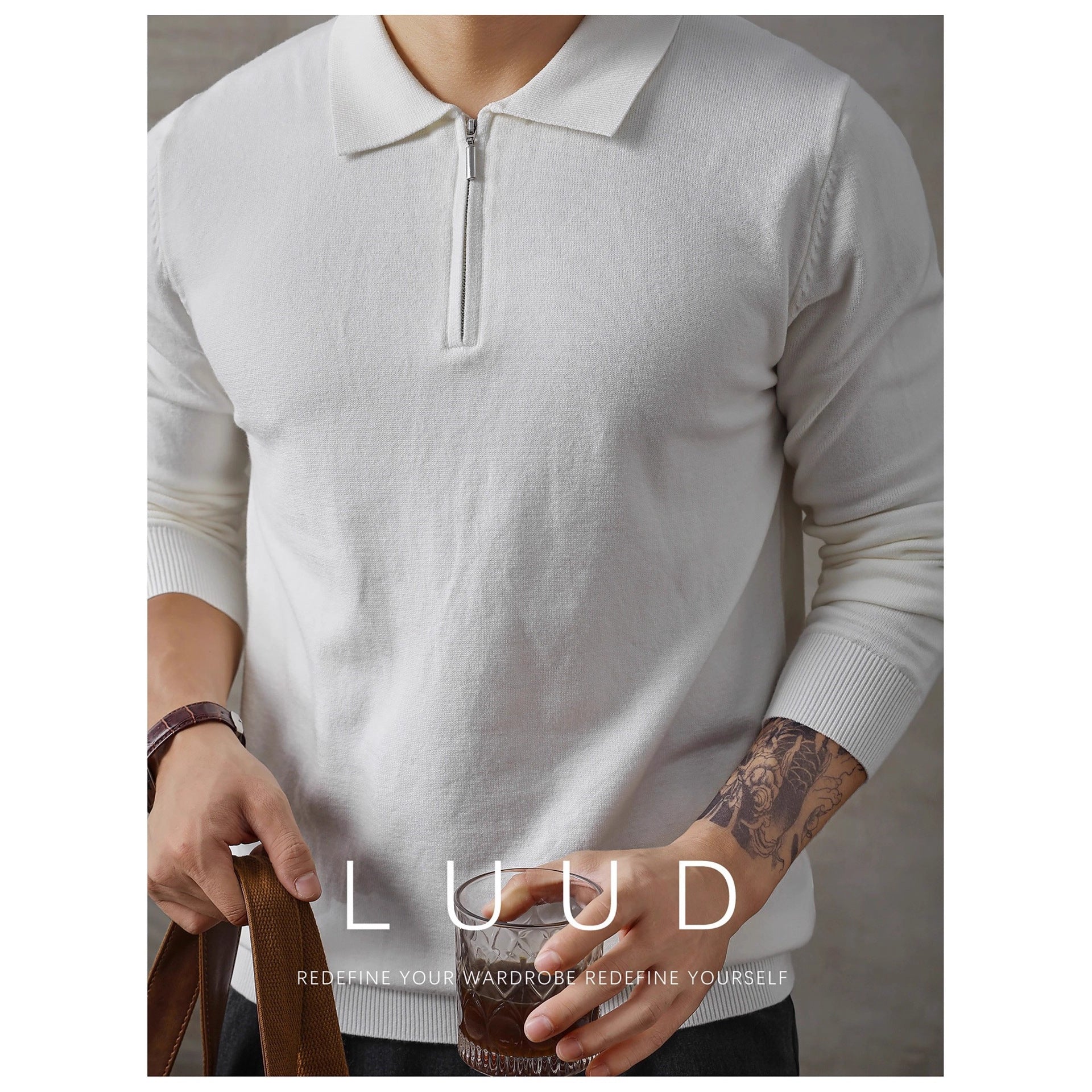 Pull Polo Homme Tricoté Zip Mi-Hauteur Loose