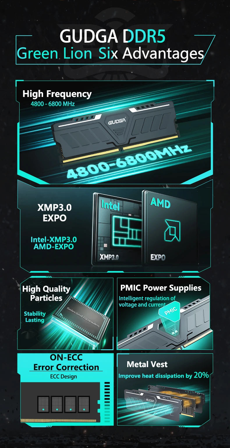 Mémoire RAM DDR5 GUDGA 8GB 16GB 32GB 4800-6800MHz Gaming Desktop XMP 3.0