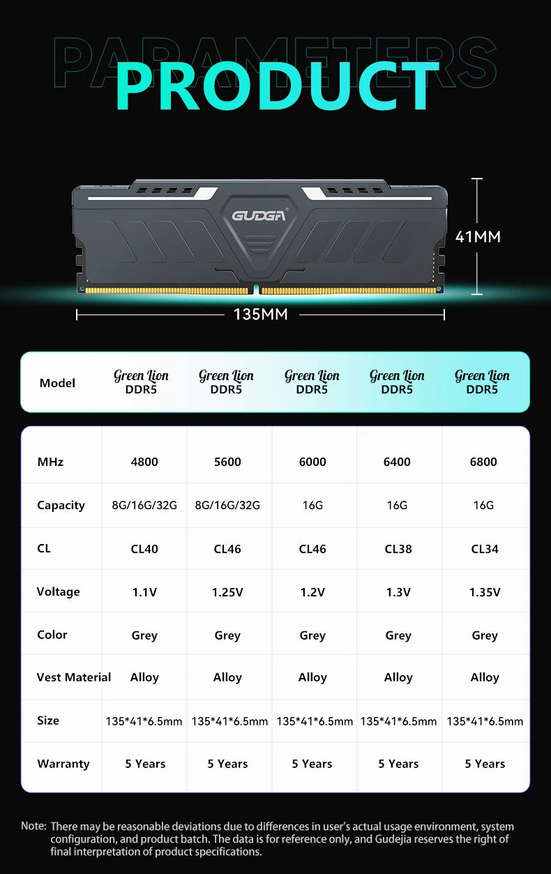 Mémoire RAM DDR5 GUDGA 8GB 16GB 32GB 4800-6800MHz Gaming Desktop XMP 3.0
