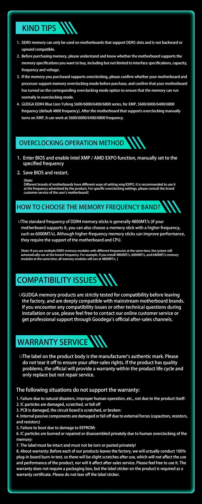 Mémoire RAM DDR5 GUDGA 8GB 16GB 32GB 4800-6800MHz Gaming Desktop XMP 3.0