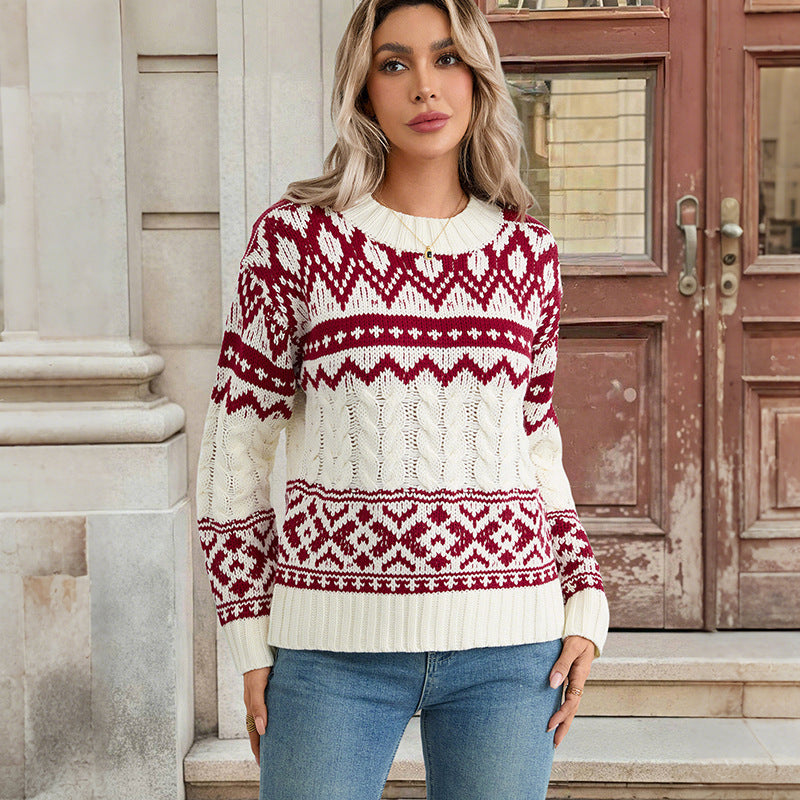 Pull Femme Jacquard Rétro Tricoté Loose Pullover