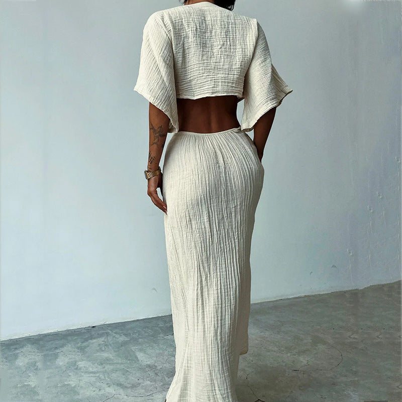 Robe Été Longue Décolleté V Ajourée Taille Élastique