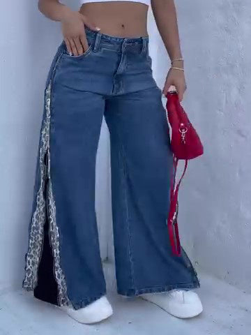 Jean Imprimé Léopard Zip Patchwork Élégant