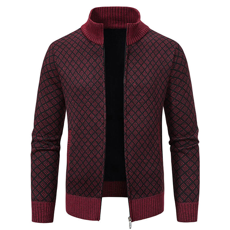 Cardigan Homme Carreaux Épais Zip Col Montant Hiver