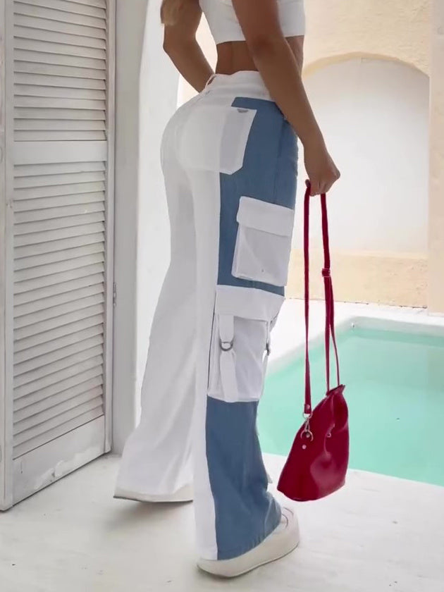 Jean Cargo Poches Contrastées Patchwork Élégant