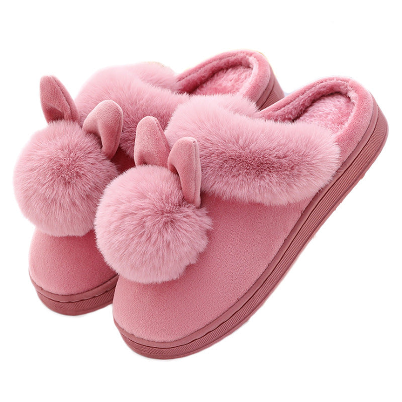 Chaussons Maison Oreilles Lapin Pompons Peluche Coton