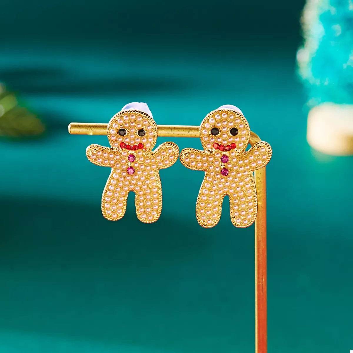 Boucles d’oreilles pain d’épices dorées en strass avec personnages mignons pour les fêtes