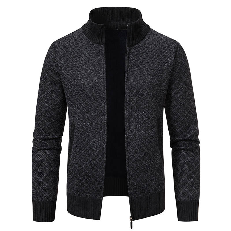 Cardigan Homme Carreaux Épais Zip Col Montant Hiver