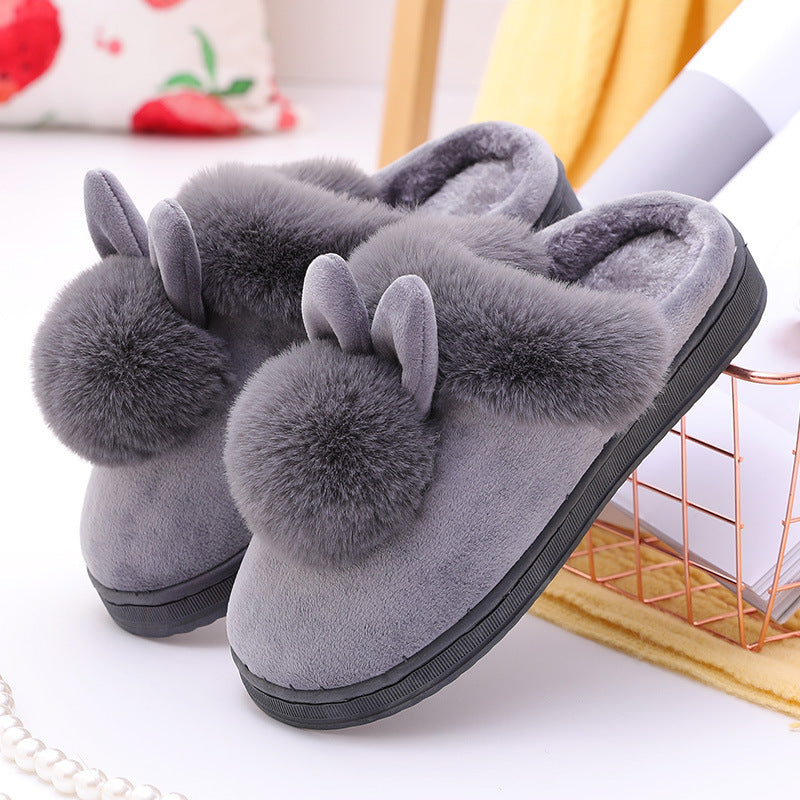 Chaussons Maison Oreilles Lapin Pompons Peluche Coton