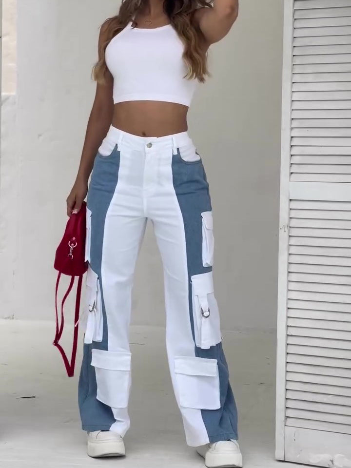 Jean Cargo Poches Contrastées Patchwork Élégant