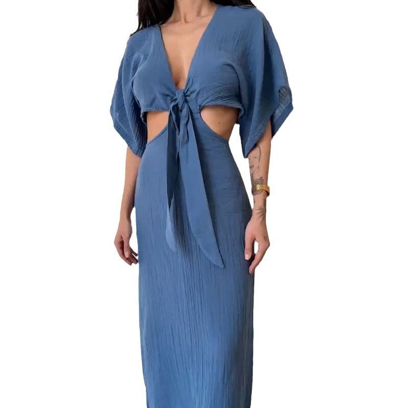 Robe Été Longue Décolleté V Ajourée Taille Élastique