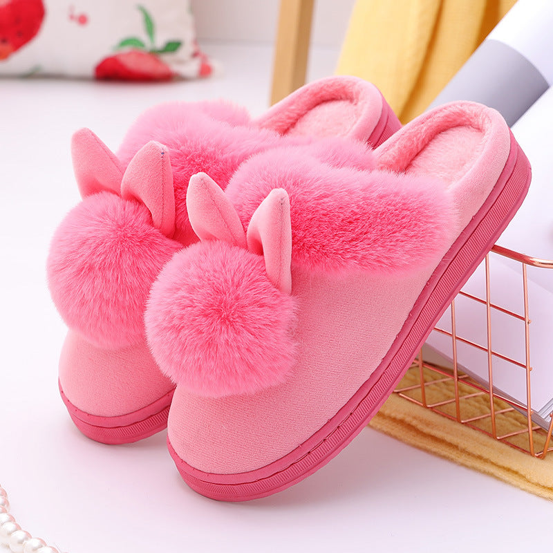 Chaussons Maison Oreilles Lapin Pompons Peluche Coton