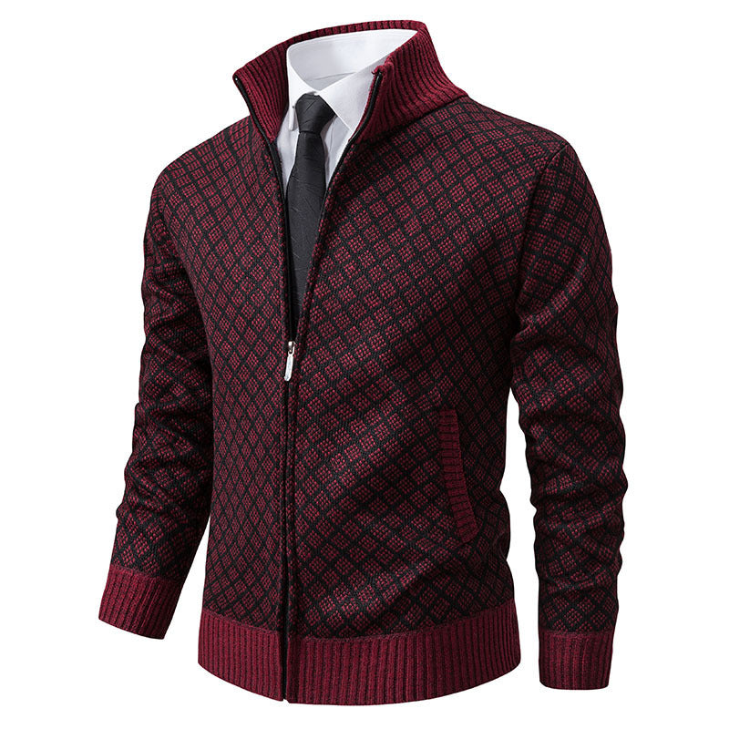 Cardigan Homme Carreaux Épais Zip Col Montant Hiver