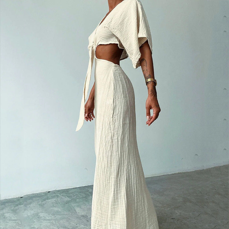 Robe Été Longue Décolleté V Ajourée Taille Élastique