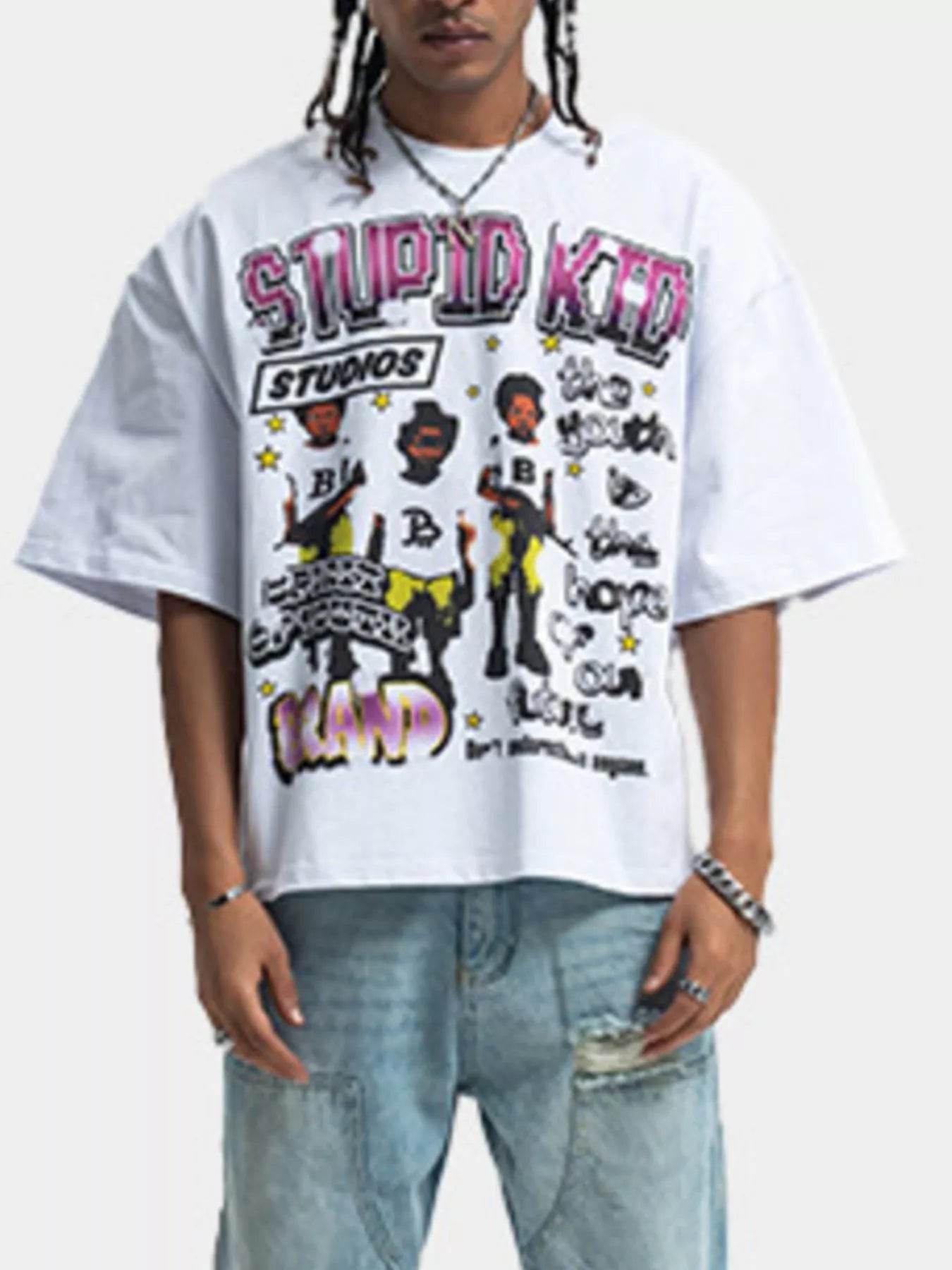 T-shirt graphique pour homme à col rond et manches courtes avec design coloré de Stupid Kid