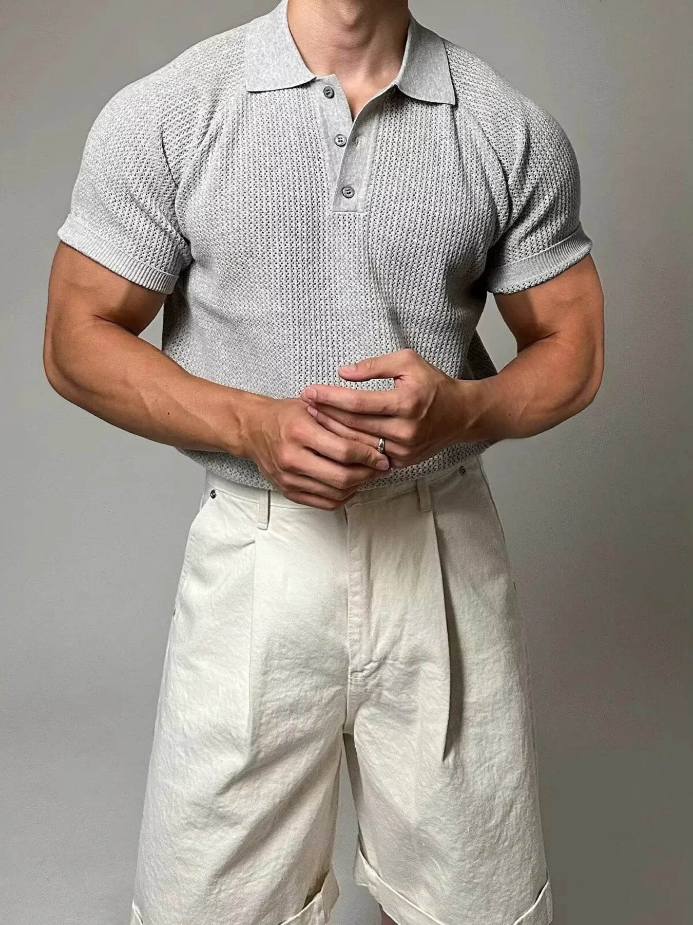Polo texturé homme grande taille en gris avec col boutonné et manches courtes
