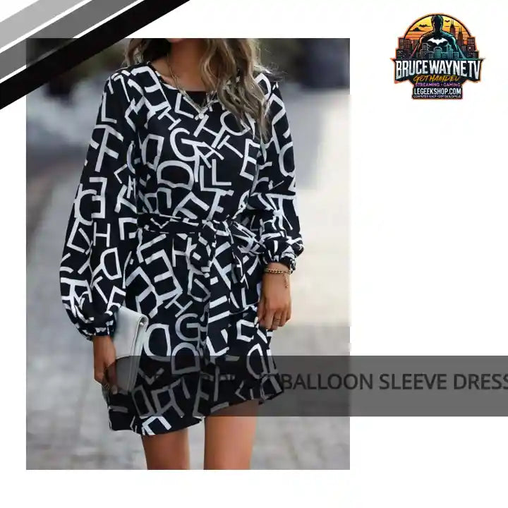 Letter Print Balloon Sleeve Dress by@Outfy