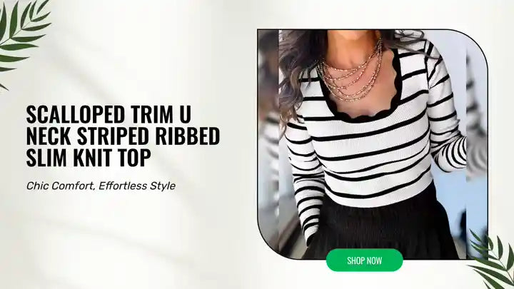 Scalloped Trim U Neck Striped Ribbed Slim Knit Top by@Outfy